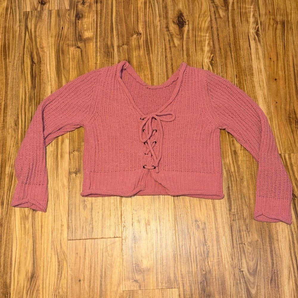New In women’s large Sweater rose Pink knit lace tie back boutique soft chenille - Picture 6 of 10